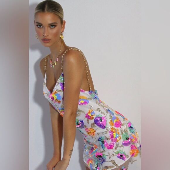 NWT Sisters The Label Kitty Slip Mini Dress - Tropical White & Pearl Silk - Picture 5 of 6